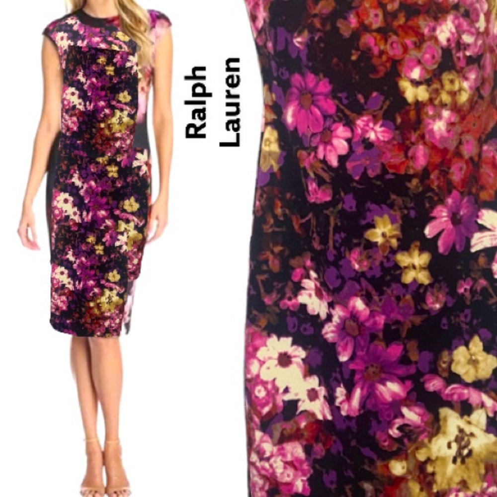 Dress sheath knee midi Ralph Lauren floral orange pink black fashion